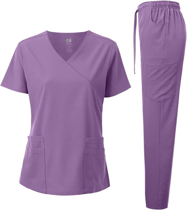 Dagacci Medical Uniform Women’s 4-Way Stretch Fitted Y Neck Natural Scrub Set