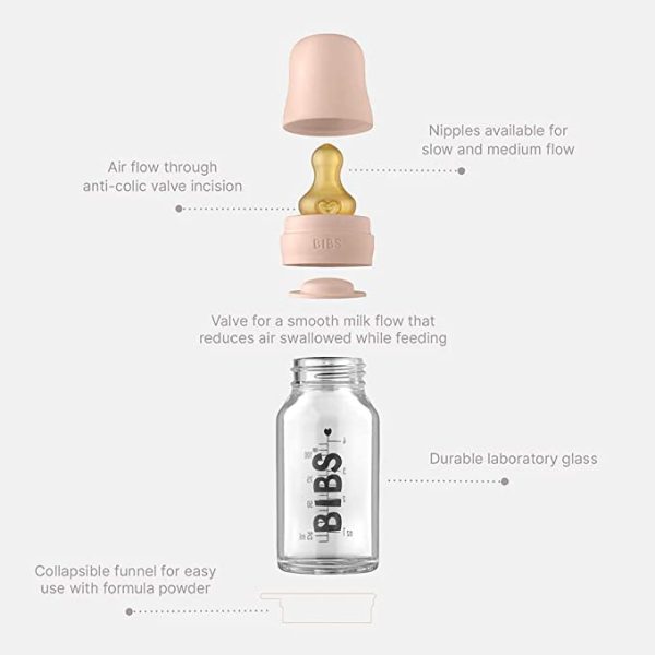 BIBS Baby Glass Bottle. Anti-colic. Round Natural Rubber Latex Nipple. Supports Natural Breastfeeding, 110 ml, Iron