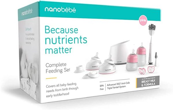 Nanobebe Baby Bottle Complete Starter Set, for Breast Milk and Formula, Anti Colic, Baby Shower, for Newborn, Infant and Baby – Pink