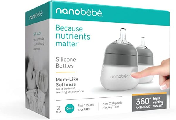 Nanobébé Flexy Silicone Baby Bottle, Anti-Colic, Natural Feel, Non-Collapsing Nipple, Non-Tip Stable Base, Easy to Clean 2-Pack, Grey 150ml