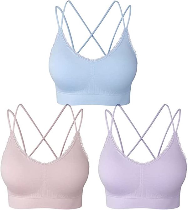 Comfyin Crisscross Back Bralettes for Women Lace Trim Cami Bras Seamless Sleep Bras with Removable Pads 3 Pack