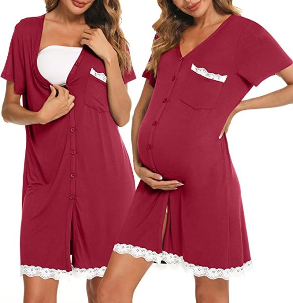 Uniexcosm Maternity Nursing Nightdress, Women’s Short Sleeve Nightwear Soft Button Down Nightgown Stripe Sleepwear Maternity Pyjamas Nightshirt