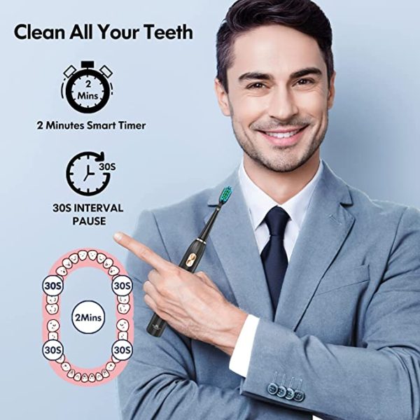Dada-Tech Electric Toothbrush Adults and Kids, Sonic Electronic Power Rechargeable Tooth Brush with Automatic Interval Timer, Waterproof for Shower, Five Brushing Modes (Black)