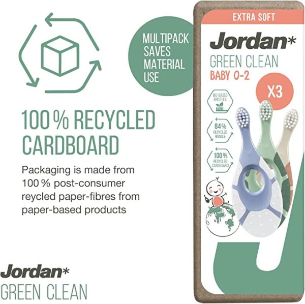 Jordan ® | Step 1 Green Clean Toddler Toothbrush | Sustainable Baby Toothbrush 0-2 Years | Bio Based Extra Soft bristles, 84% Recycled Handle, Soft Biting Ring | Mixed Colors | Pack 3 Units
