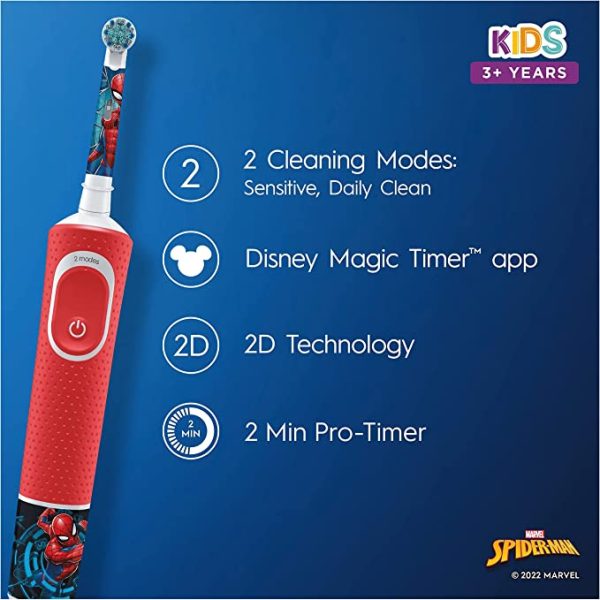 Oral-B Kids Electric Toothbrush, Gifts For Kids, 1 Toothbrush Head, x4 Spiderman Stickers, 2 Modes with Kid-Friendly Sensitive Mode, For Ages 3+, 2 Pin UK Plug, Red