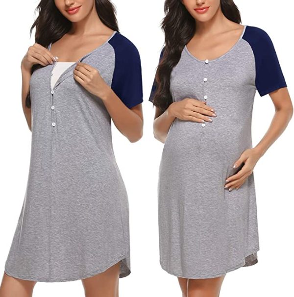 Sykooria Women’s Maternity Nightdress Breastfeeding Nightwear Short Sleeve Nursing Nightgown Button Down Sleep Shirt V Neck Pajama Tops Soft Loungwear For Pregnant Women