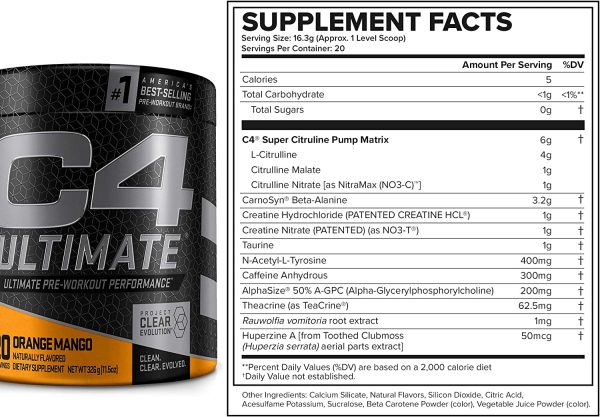 Cellucor C4 Ultimate Pre Workout Powder Orange Mango – Sugar Free Preworkout Energy Supplement for Men & Women – 300mg Caffeine + 3.2g Beta Alanine + 2 Patented Creatines – 20 Servings