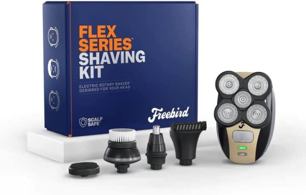 The FlexSeries Electric Head Hair Shaver – Freebird – Ultimate Mens Cordless Rechargeable Wet/Dry Skull & Bald Head Waterproof Razor with Rotary Blades, Clippers, Nose Trimmer, Brush, Massager
