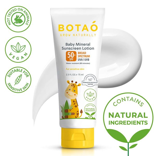 BOTAO BABY’S MINERAL Zinc Oxide SUNSCREEN LOTION: SPF50 Broad Spectrum UVA UVB,For sensitive skin Baby Face Body Protection, Sunblock Cream 2.5 Oz