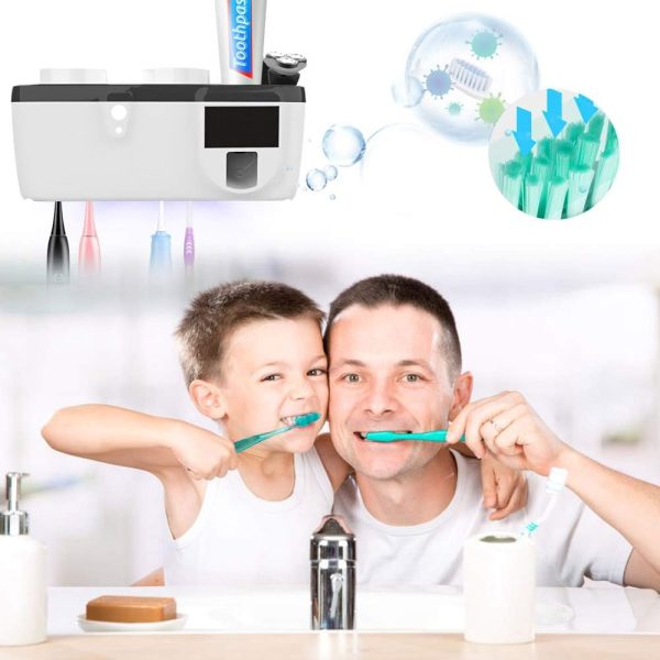 Solar Toothbrush Holder, Wall-Mounted Bathroom 4-in-1 Toothbrush Holder with 2 Cups, Toothpaste Dispenser, Toothbrush Organizer for Family (White)