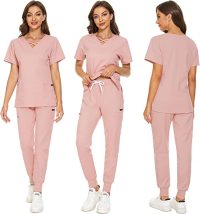 VIAOLI Scrubs for Women Set Modern V-Neck Top & 8 Pocket Jogger Pants Athletic Nursing Uniform Solid Stretch Workwear