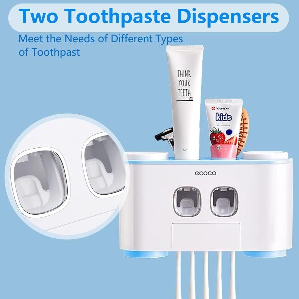 Toothbrush Holders and Toothpaste Dispenser for Bathrooms Wall Mounted with 2 Toothpaste Squeezers – 4 Cups – 5 Toothbrush Slots with Cover, Automatic Toothbrush Holder for Kids Electric Tooth Brush