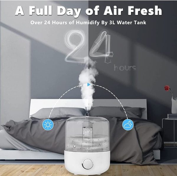 Humidifier for Large Room, 3L Air Humidifier for Bedroom, Aroma Diffuser, Essential Oil Function, Ultrasonic Cool Mist, Lower Noise, Adjustable 360° Knob, Auto Shut-Off, Humidifiers for Any Rooms