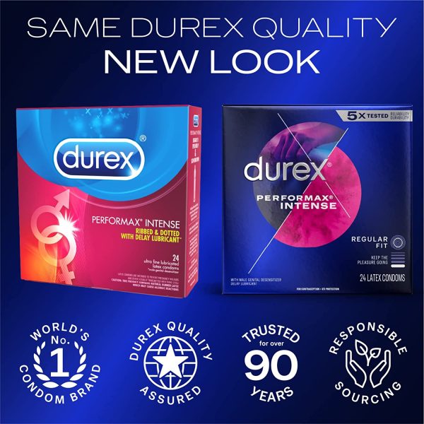 Durex Performax Intense Natural Rubber Latex Ultra Fine Ribbed Condoms, Regular Fit, 48 Count (2 Pack), Contains Desensitizing Lube for Men, FSA & HSA Eligible (Packaging May Vary)