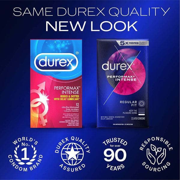 Durex Performax Intense Natural Rubber Latex Condoms, Regular Fit, 12 Count, Contains Desensitizing Lube for Men, (Packaging May Vary)