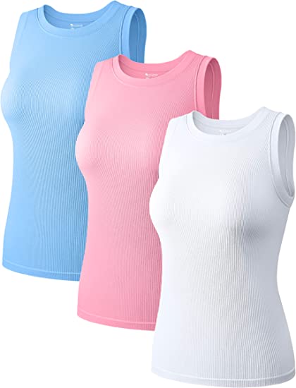 OQQ Women's 3 Piece Sleeveless Tops Crew Neck Stretch Fitted Layer Tee Shirts Tank Tops