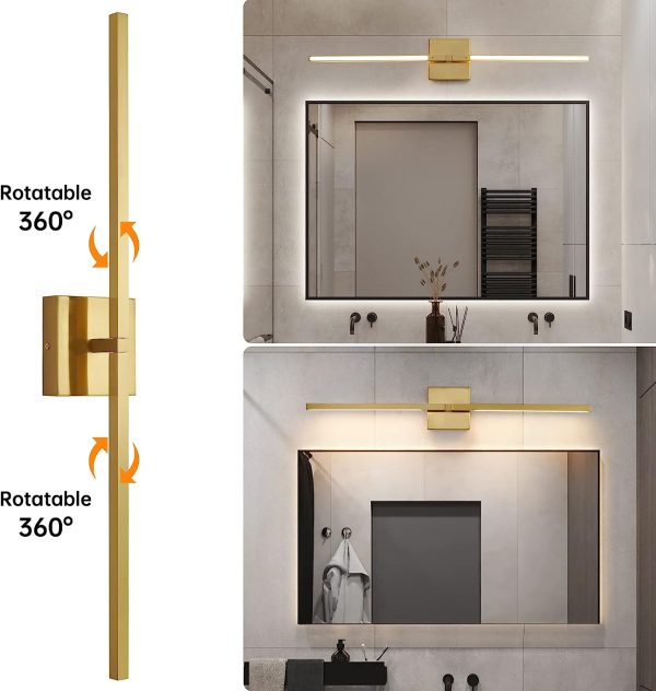 CCYCOL Gold Bathroom Vanity Light Fixtures – 30 inch Rotatable Modern Vanity Wall Lights for Bathroom with 3500K Warm Light Brushed Bathroom Sconce Over Mirror