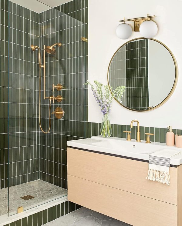 SHAWNKEY Gold Vanity Light Modern Bathroom Light Fixture Over Mirror with Milky White Globe Glass 2 Light Bathroom Light