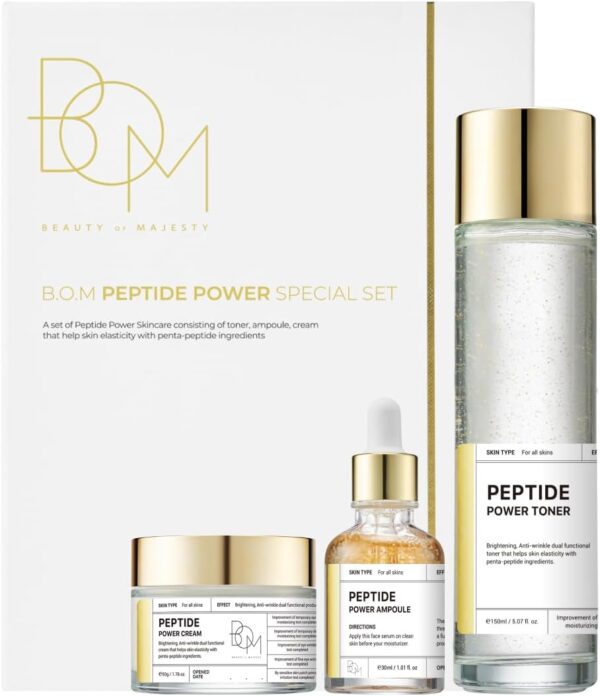 BOM Cosmetics A Set of Peptide Power Skincare with 3 Kinds of Items (Toner, Ampoule, Cream), 24K Gold & Pentapeptide for Skin Collagen Boost, Smoothness and Long-Lasting Moisture, Korean Skincare