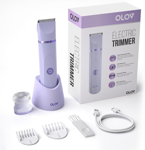 OLOV Electric Body Hair Trimmer – Groin Trimmer for Men – Bikini Trimmer Women – Wet/Dry Shaver Groomer, Replaceable Ceramic Blade Heads, USB Recharge Dock, Waterproof Hygiene Razor,Purple