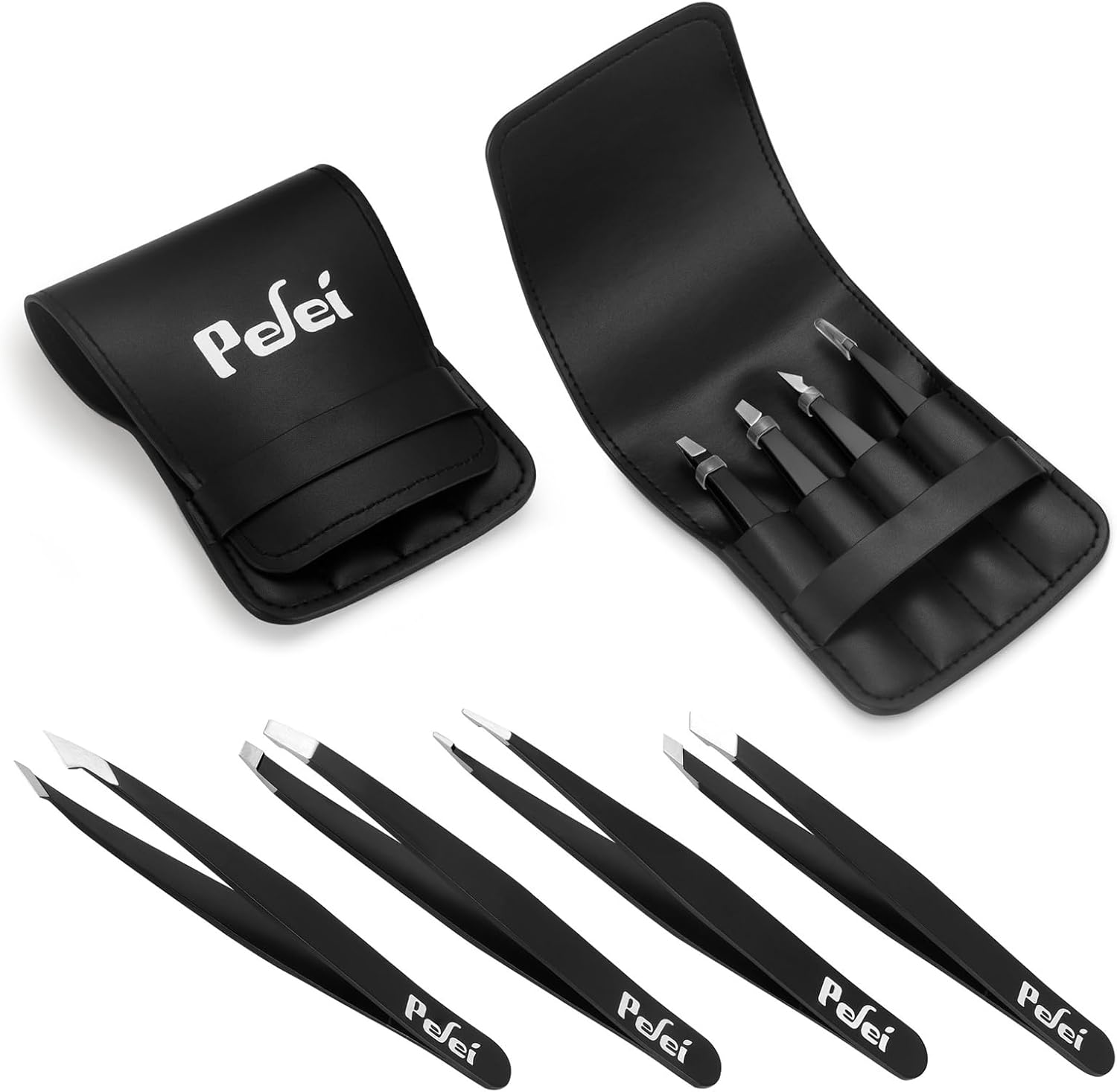 Pefei Tweezers Set - Professional Stainless Steel Tweezers for Eyebrows - Great Precision for Facial Hair, Splinter and Ingrown Hair Removal (Black) - Image 7