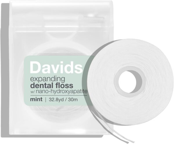 Davids Expanding Dental Floss, 2 Spools, 250+ No Break Woven Strands, Waxed, Vegan, w/Nano Hydroxyapatite, Cocoa Butter & Mint, Kid Friendly, 66 yd (1)