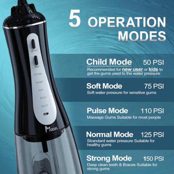 Water Dental Flosser Oral Irrigator with 5 Modes, 350ml Cordless Water Teeth Cleaner Pick 6 Tips, IPX7 Waterproof Rechargeable Portable Powerful Battery for Travel & Home Braces & Bridges Care