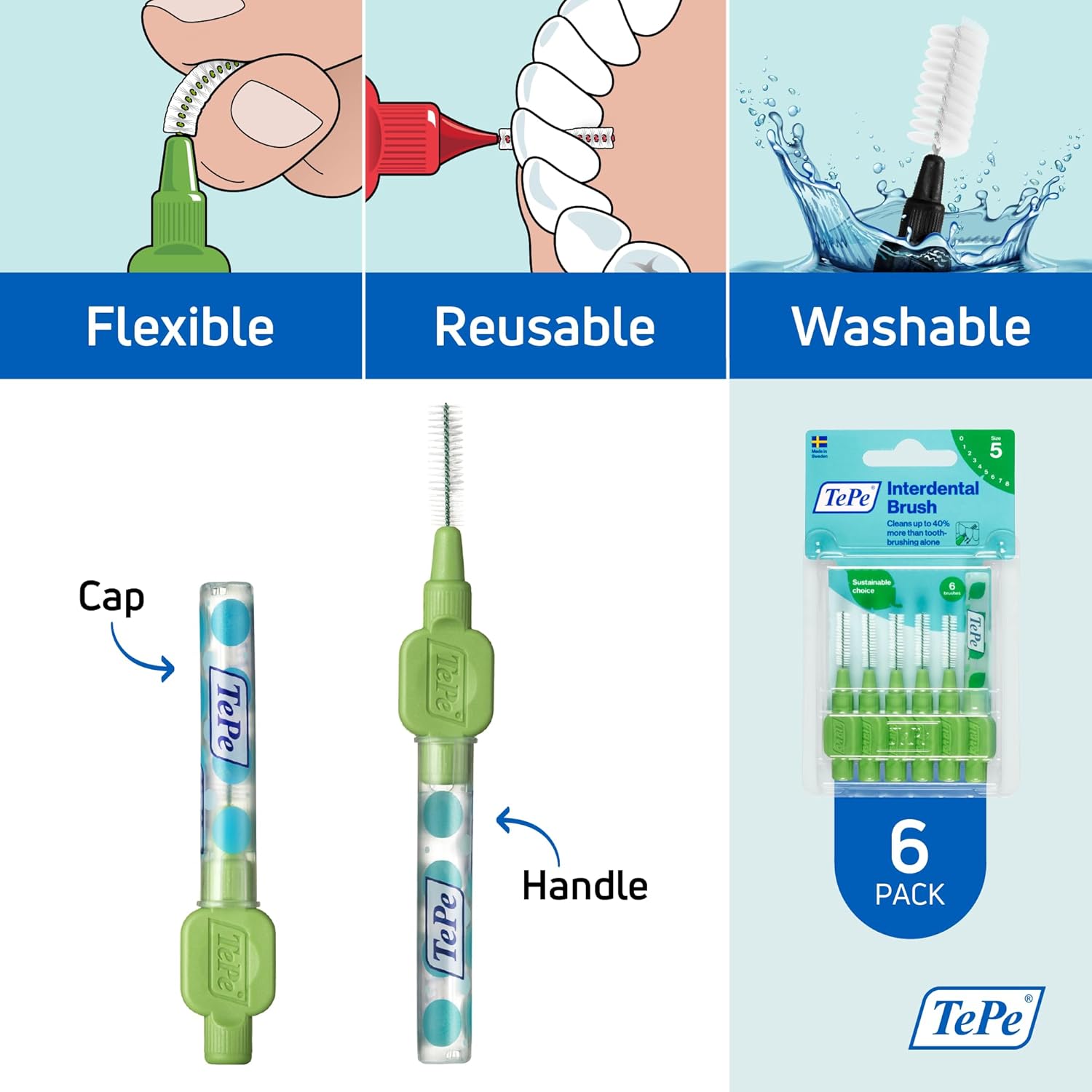 TePe Interdental Brush Original, Soft Dental Brush for Teeth Cleaning, Pack of 6, 0.8mm, Large Gaps, Green, Size 5 - Image 5