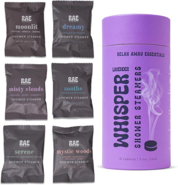 Relax Away Whisper Shower Steamers 6 Pack - Lavender Infused Aromatherapy - Moonlit, Dreamy, Misty Clouds, Mystic Woods, Serene, Soothe - Calming & Soothing - Convenient Packaging, Great Gift