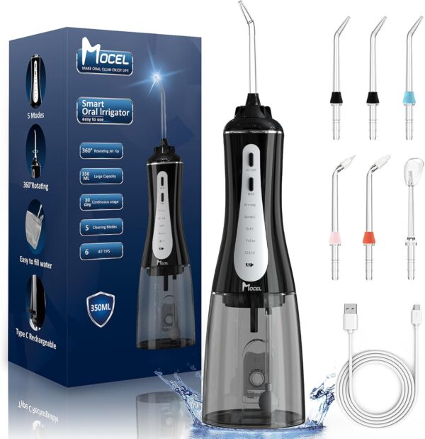 Water Dental Flosser Oral Irrigator with 5 Modes, 350ml Cordless Water Teeth Cleaner Pick 6 Tips, IPX7 Waterproof Rechargeable Portable Powerful Battery for Travel & Home Braces & Bridges Care