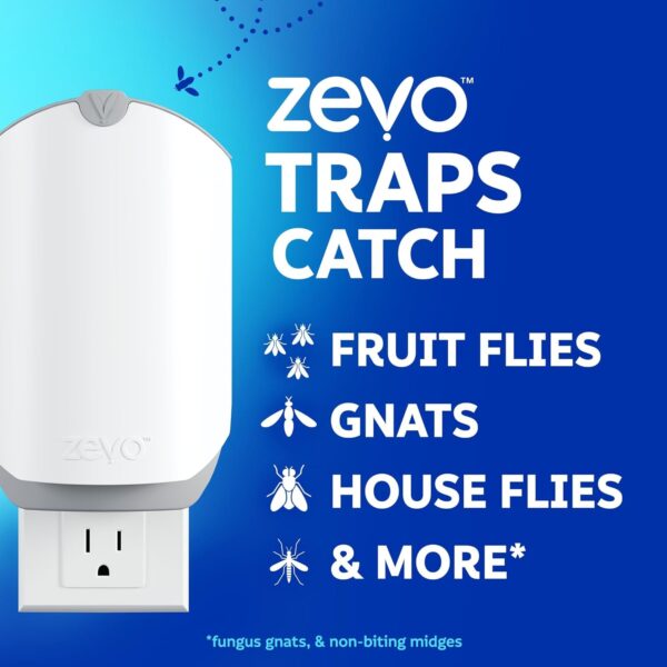 Zevo Flying Insect Trap & 3 Cartridges – Plug in Fly Trap & Indoor Bug Catcher for Gnats, House & Fruit Flies – Mess-Free – Use in Any Room – Uses Blue & UV Light (1 Plug in Device & 3 Cartridges)