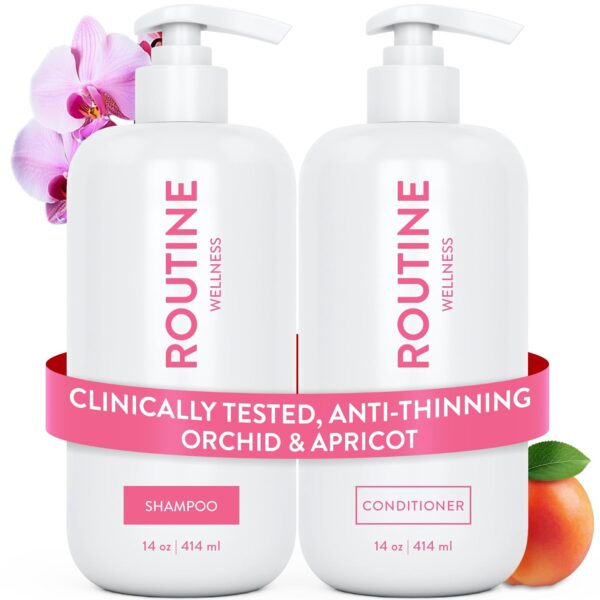 Routine Wellness Anti-Thinning Shampoo and Conditioner Set for Thinning Hair - Biotin DHT Blocker Women & Men - Color Safe Shampoo for Hair Loss & Healthier Hair - Orchid & Apricot (Pack of 2)