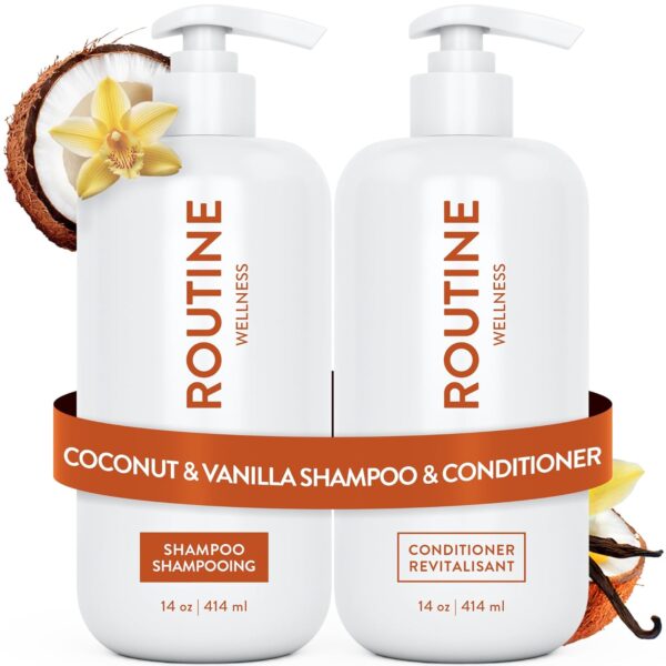 Routine Wellness Anti-Thinning Shampoo and Conditioner Set for Thinning Hair - Biotin DHT Blocker Women & Men - Color Safe Shampoo for Hair Loss & Healthier Hair - Coconut & Vanilla (Pack of 2)
