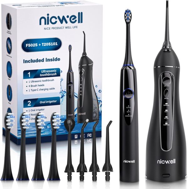 Water Dental Flosser Cordless for Teeth - Nicwell 4 Modes Dental Oral Irrigator, Portable and Rechargeable IPX7 Waterproof Powerful Battery Life Water Teeth Cleaner Picks for Home Travel