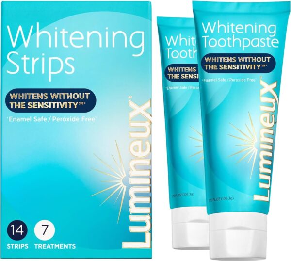 Lumineux Whitening Starter Set – Peroxide Free - Enamel Safe for Whiter Teeth – Includes 7 Whitening Treatments & 2 Pack Whitening Toothpaste, Fluoride Free & Dentist Formulated