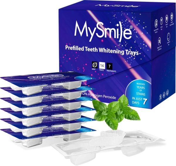 MySmile 7 Treatments Prefilled Teeth Whitening Trays Kit with 12% Hydrogen Peroxide Whiter Gel for Sensitive Tooth, Fast-Result Vegan Teeth Whitener Tooth Stain Remover, Mint Flavor