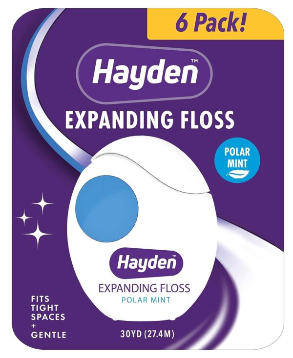 Hayden Expanding Dental Floss. Thickens To Clean Tight Gaps. 6 Pack Value. Fresh Feeling Polar Mint Woven Floss. Anti Tartar Actives for Gentle Care. 180 Yards. Expandable Deeper Clean. PFA Free.