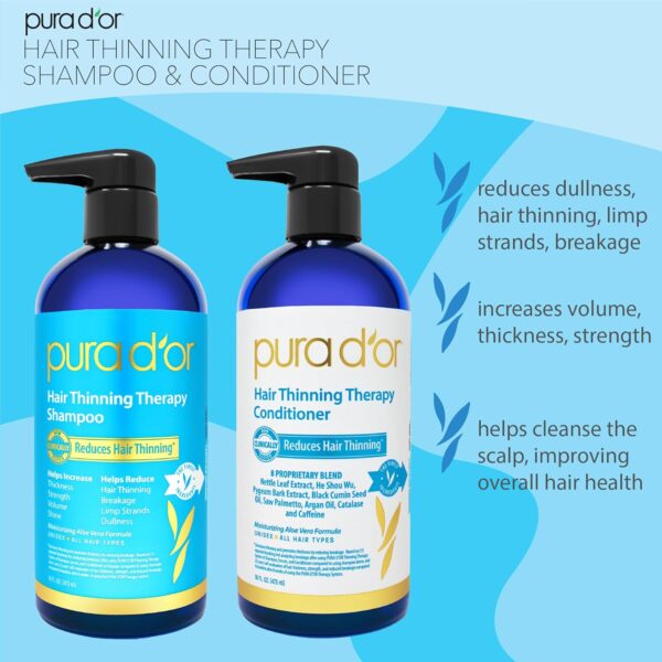 PURA D’OR Hair Thinning Therapy Biotin Shampoo and Conditioner Set, CLINICALLY TESTED Effective Results, Hair Thickening Products For Women & Men, Natural Routine, Color Safe, 16oz x2