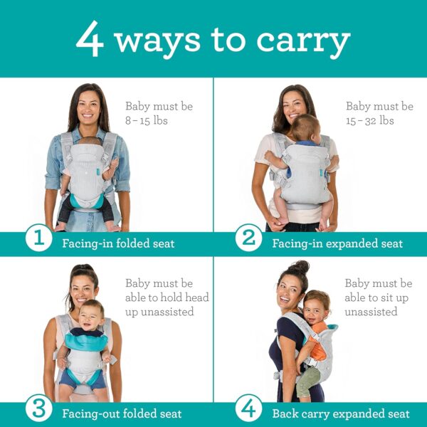 Infantino Flip 4-in-1 Light & Airy Convertible Baby Carrier – Breathable, Lumbar Support, Adjustable Waist Belt, Head Support, Ergonomic Seat, Plush Straps for Newborn to Toddler 8-32 lbs