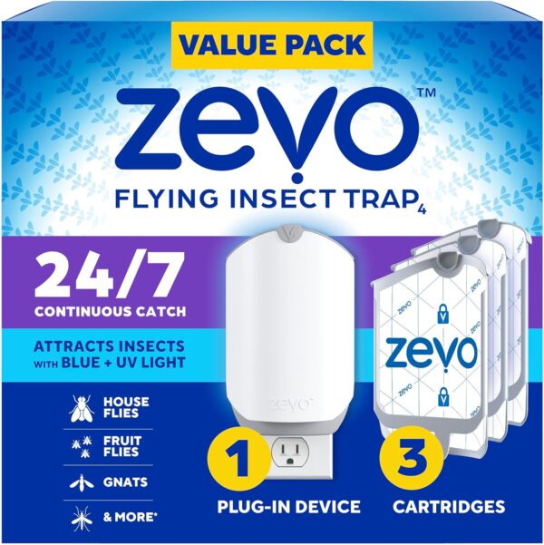 Zevo Flying Insect Trap & 3 Cartridges - Plug in Fly Trap & Indoor Bug Catcher for Gnats, House & Fruit Flies - Mess-Free - Use in Any Room - Uses Blue & UV Light (1 Plug in Device & 3 Cartridges)