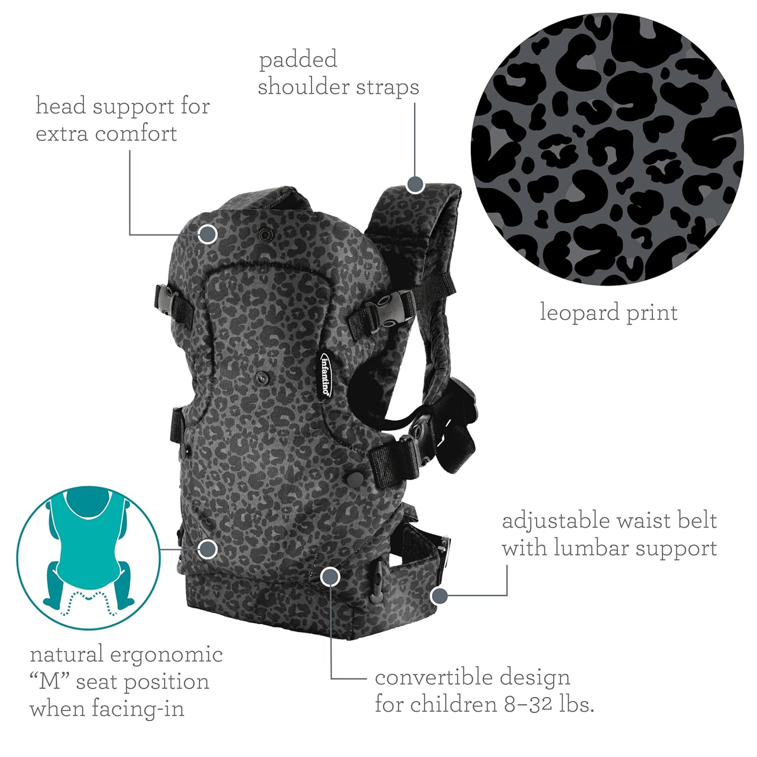 Infantino Flip Advanced 4-in-1 Baby Carrier - Ergonomic, Convertible, Face-in and Face-Out Front and Back Baby Carrier for Newborn to Toddler 8-32 lbs, Black & Gray Leopard - Image 4