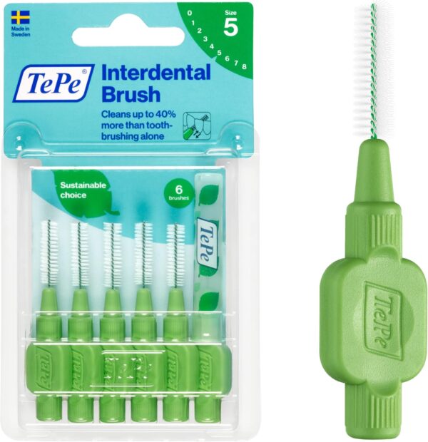 TePe Interdental Brush Original, Soft Dental Brush for Teeth Cleaning, Pack of 6, 0.8mm, Large Gaps, Green, Size 5