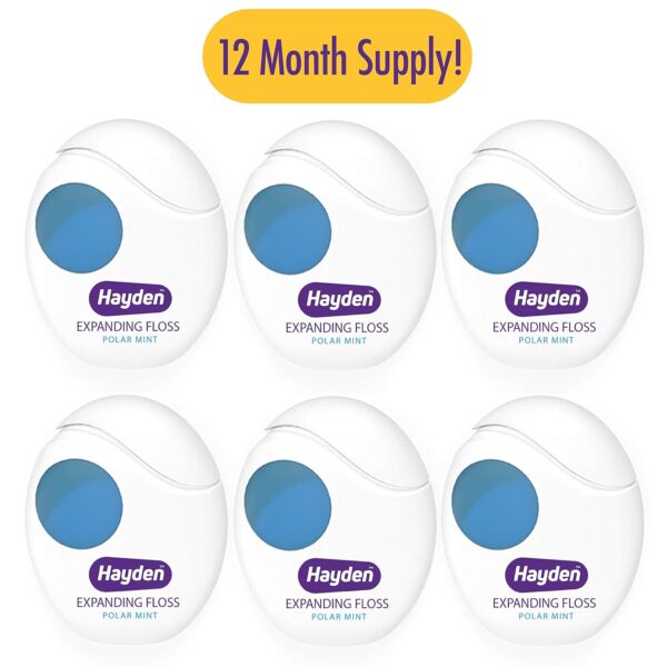 Hayden Expanding Dental Floss. Thickens To Clean Tight Gaps. 6 Pack Value. Fresh Feeling Polar Mint Woven Floss. Anti Tartar Actives for Gentle Care. 180 Yards. Expandable Deeper Clean. PFA Free.