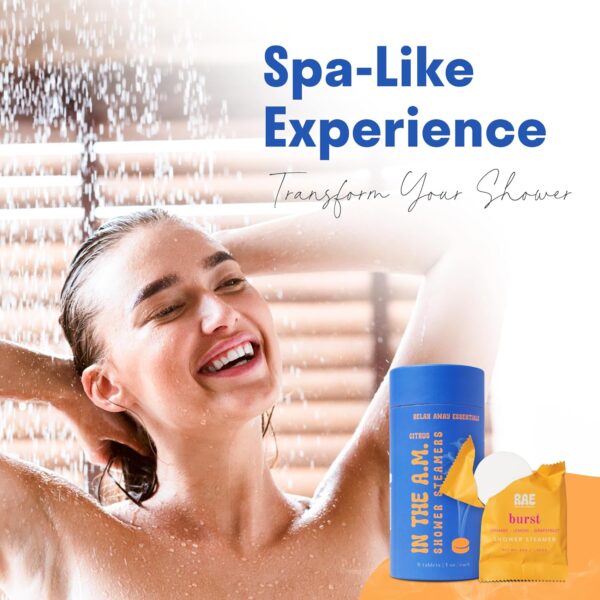 Relax Away in The A.M. Shower Steamers 6 Pack – Energizing Citrus Blends – Pure, Burst, Mist, Glow, Meadow, Spa – Uplifting & Rejuvenating – Essential Oil Aromatherapy – User-Friendly Set