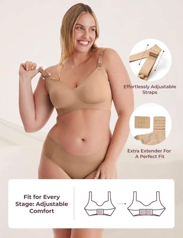 Product details Fabric type 58.4% Nylon, 41.6% Spandex Origin Imported Closure type Hook & Eye Underwire type Wire Free About this item Super Comfortable & Soft: Our nursing bra is made from buttery soft and breathable fabric for ultimate comfort for mom and baby, with great stretch to adapt to your changing conditions during pregnancy and breastfeeding body. Seamless Smooth Bra: No stitching and no underwire design, the cut is neat and fits the body, this bra feels like you’re not wearing anything, the fabric is so smooth that it can feel invisible under your clothes. Padded Wireless Nursing Bralette: Designed with semi-fixed breathable pads, this nursing bralette provides soft, adjustable support. The wireless band ensures a gentle, rib-stress-free fit for all-day comfort. Easy and Fast Breastfeeding: Featuring a one-handed breastfeeding clasp and adjustable shoulder straps, this nursing bra allows for quick and effortless feeding whenever your baby needs it. Multi-Use Fashionable Bra: This nursing bra doubles as a maternity, sleep, breast pump, and everyday bra. Its versatile design pairs effortlessly with any outfit, making it perfect for all stages of pregnancy and beyond.
