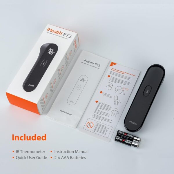 iHealth No-Touch Digital Forehead Thermometer for Adults, Babies, Kids – FSA HSA Eligible, 3 Ultra-Sensitive Sensors, Quiet Vibration Feedback, Large LED Digits, Easy to Use for Home, PT3 Black