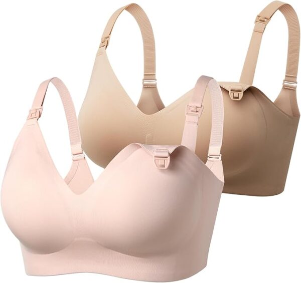 Product details Fabric type 58.4% Nylon, 41.6% Spandex Origin Imported Closure type Hook & Eye Underwire type Wire Free About this item Super Comfortable & Soft: Our nursing bra is made from buttery soft and breathable fabric for ultimate comfort for mom and baby, with great stretch to adapt to your changing conditions during pregnancy and breastfeeding body. Seamless Smooth Bra: No stitching and no underwire design, the cut is neat and fits the body, this bra feels like you’re not wearing anything, the fabric is so smooth that it can feel invisible under your clothes. Padded Wireless Nursing Bralette: Designed with semi-fixed breathable pads, this nursing bralette provides soft, adjustable support. The wireless band ensures a gentle, rib-stress-free fit for all-day comfort. Easy and Fast Breastfeeding: Featuring a one-handed breastfeeding clasp and adjustable shoulder straps, this nursing bra allows for quick and effortless feeding whenever your baby needs it. Multi-Use Fashionable Bra: This nursing bra doubles as a maternity, sleep, breast pump, and everyday bra. Its versatile design pairs effortlessly with any outfit, making it perfect for all stages of pregnancy and beyond.