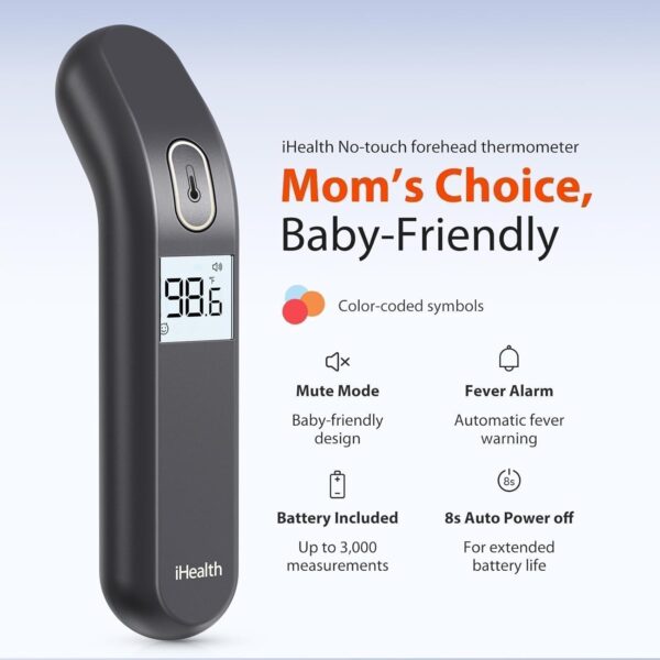iHealth Touchless Thermometer for Adults and Kids, FSA/HSA Eligible, Color-Coded Alert & Silent Mode, 1-Second Accurate Fever Check, Portable for Home, Travel Use – PT2L Black
