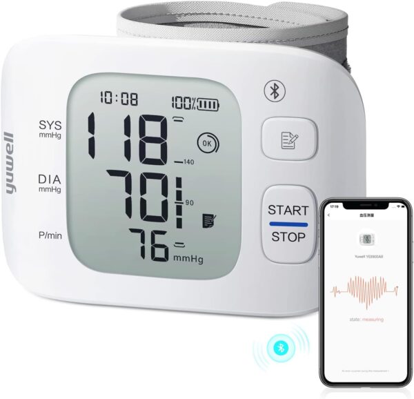 yuwell Rechargeable Wrist Blood Pressure Monitors for Home Use, Large Wrist Cuff with Irregular Heartbeat, with Bluetooth Wireless Technology to Healthcare+ App for Unlimited Free Measurements