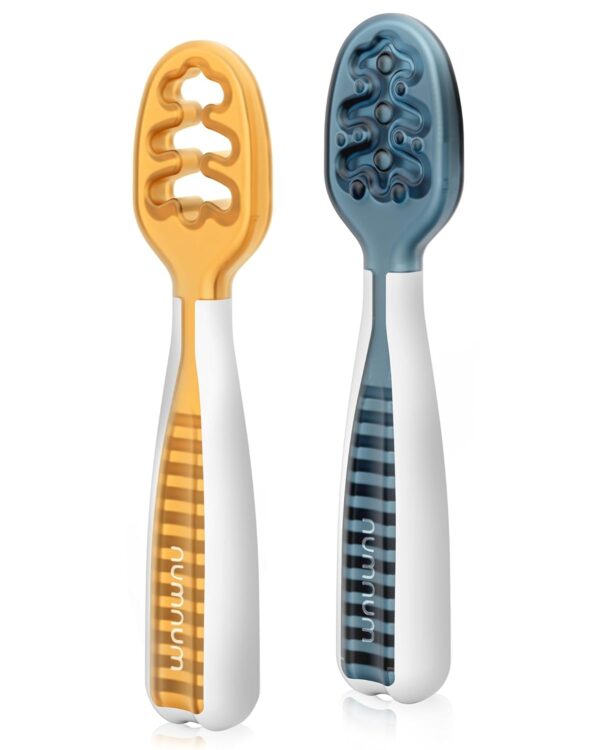 NumNum Baby Spoons Set, Baby Essentials Pre-Spoon GOOtensils for 6+ Months, First Stage Self-Feeding Spoons for Baby Led Weaning (BLW), Silicone Toddler Utensils, BPA-Free, 2 Pack Blue/Orange